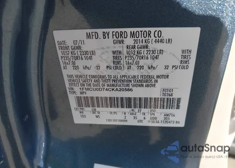 2012 Ford Escape Xlt z USA, uszkodzony, nr VIN 1FMCU0D74CKA20586